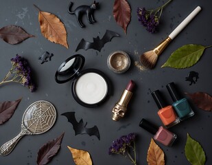 Spooky Halloween Makeup Essentials and Decorations Laid Out Flat