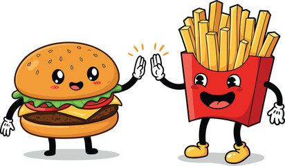 Cute burger and fries cartoon illustration, funny fast food friends, adorable kawaii characters, happy meal vector art, smiling junk food design