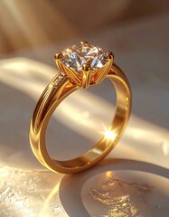 A close-up of a gold ring with a large, clear, sparkling diamond