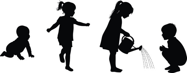  Child silhouette, crawling baby, walking toddler, watering girl, squatting boy, early development, black vector, white background, childhood growth, activity stages