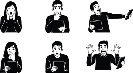Different style people showing emotions with digital tablet, shocked man, surprised woman, happy expression, technology reaction concept, vector illustration design