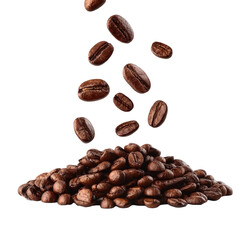 Freshly roasted coffee beans tumbling down to form a rich pile