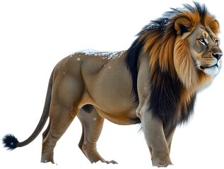 Obraz premium A majestic lion standing in a snowy landscape with a full mane and powerful build on a white background