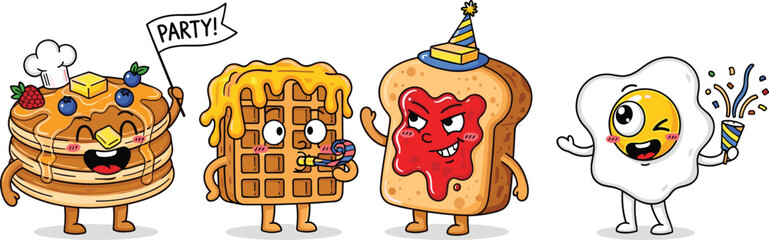 Funny cartoon pancake waffle toast and fried egg characters party celebration, cute breakfast food illustration, happy morning meal vector, white background