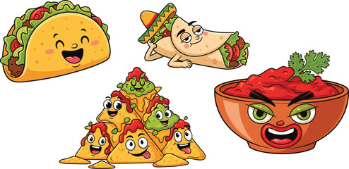 Funny Mexican food cartoon characters, cute taco nachos salsa burrito illustration, happy snack vector art, spicy meal design, white background