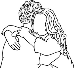 Loving couple embracing tenderly in a continuous line art silhouette isolated on white background