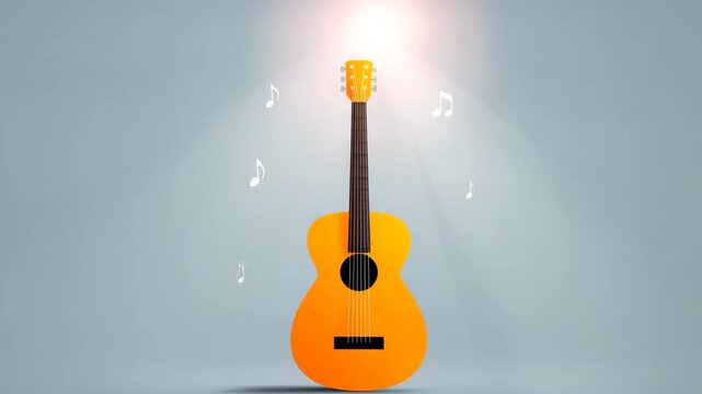 Acoustic guitar with brown neck and orange body spotlight, glowing light above, wooden instrument with six strings gray background, floating music notes and melody, creative inspiration and lively