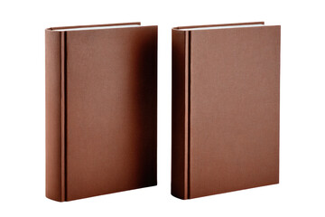 Two antique brown hardcover books with embossed covers displayed side by side in a studio setting