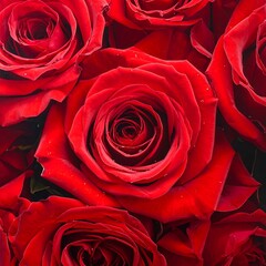 A close-up shot of several vibrant red rose blooms