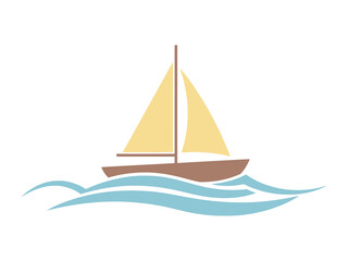 Stylized Sailboat Sailing on Gentle Waves with Beige Sail and Brown Hull.