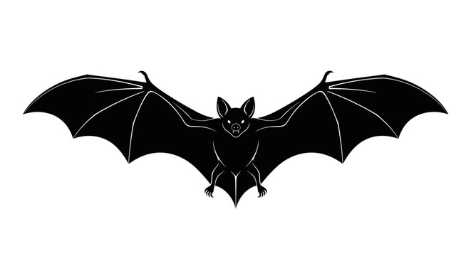 A silhouette of a black bat with wide open wings in flight against a white background.