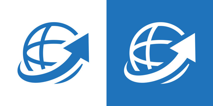 Modern global logo combining a globe and upward arrow symbolizing growth, progress, and success. Minimalist flat vector design perfect for business, finance, and global development branding.