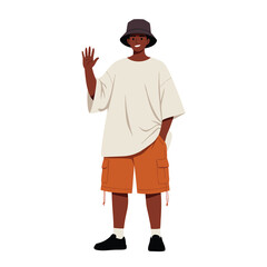 Friendly Young Man in Streetwear Bucket Hat Waving Hello
