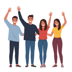 Joyful Group of Diverse Friends Waving Enthusiastically Together