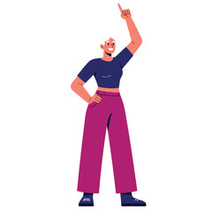 Confident Woman Pointing Upwards with Joyful Expression