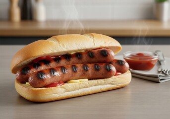 Grilled hot dog sandwich with double sausages, ketchup, and mustard on wooden table