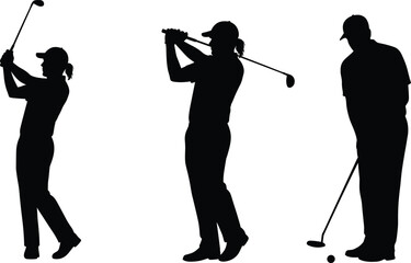 Golf swing silhouette set, athlete posture vector, sports technique illustration, dynamic golfer graphic, putting and swinging poses, black figure for stock content