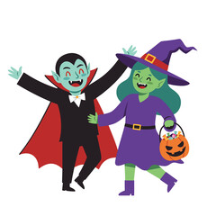 Energetic Halloween Vampire and Witch Dancing with Candy