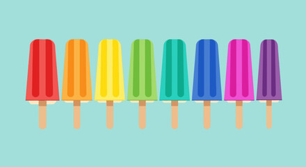 Colorful rainbow popsicle treats arranged in a row on a light blue background.