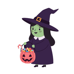 Sweet Smiling Witch with Hat Holding Pumpkin Candy Bucket