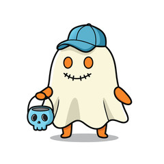 Adorable Ghost Character with Baseball Cap and Candy Bucket