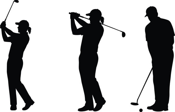 Golf swing silhouette set, athlete posture vector, sports technique illustration, dynamic golfer graphic, putting and swinging poses, black figure for stock content