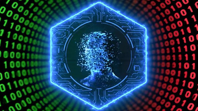A glowing humanoid head within a tech circuit-like frame, binary code background, futuristic visual