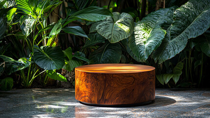 Minimalist wooden pedestal stand takes center stage, nestled amongst lush green foliage, exuding natural elegance and inviting contemplation