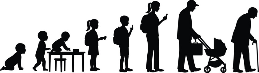  Human life cycle silhouette set, growth progress and development poses, aging concept illustration, black figure graphic for stock content usage