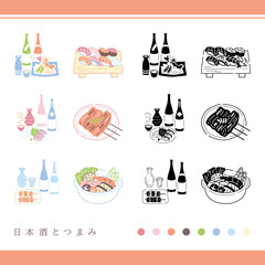 Snacks and Japanese sake/日本酒　寿司　うなぎの蒲焼　寄せ鍋　日本酒瓶・徳利・つまみセット
