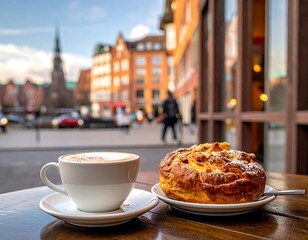 A coffee cup and pastry on a table with a city view