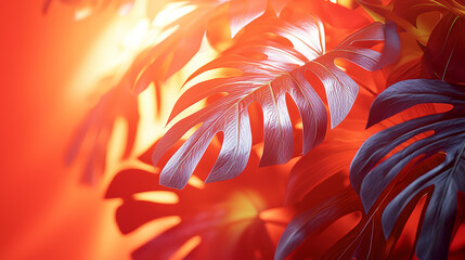 Tropical monstera leaf illuminated by warm light create feeling of peaceful tropical serenity and natural beauty