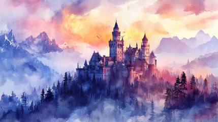 Enchanting ethereal watercolor of mystical fair castle. scene evokes wonder and awe, painted in high fidelity