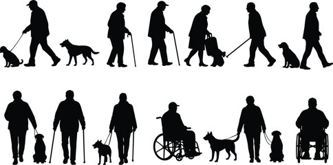  Inclusive silhouettes of people with mobility aids and dogs walking, sitting, interacting, showcasing companionship, accessibility, diversity, and support themes.