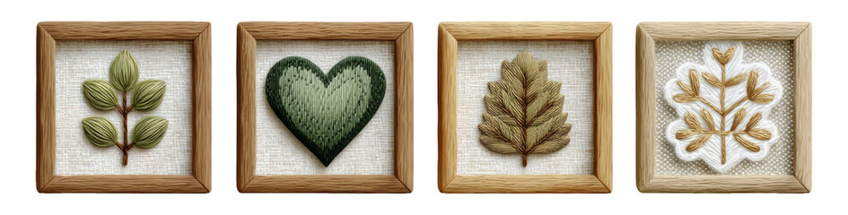 Embroidered Artwork Framed with Nature-Inspired Designs and Green Tones