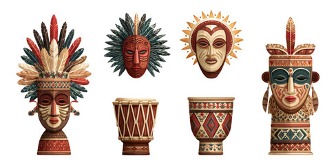 Colorful Tribal Masks and Drums in Artistic Style with Isolated Transparent Background