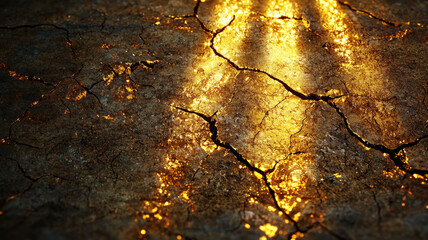 Textured shadowy scene gives off powerful and dramatic feeling as light streaks through cracked earth, creating an intense contrast