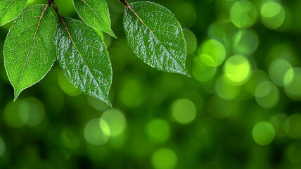 Tranquil abstract green bokeh with vibrant leaves, conveying peace and serenity. blurred background evokes sense of calm and natural beauty, creating soothing impression