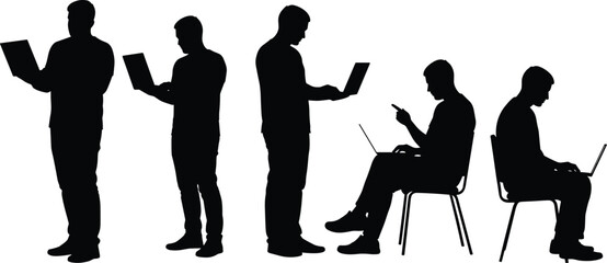 Laptop user silhouettes, standing and seated poses, black vector illustration, digital interaction, work posture, technology usage, modern lifestyle, ergonomic concept