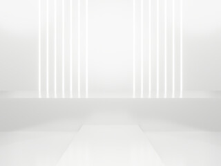 3D white geometric background with neon lights. White backdrop