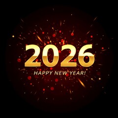 Happy New Year 2026 Golden Text and Sparkling Red Background.