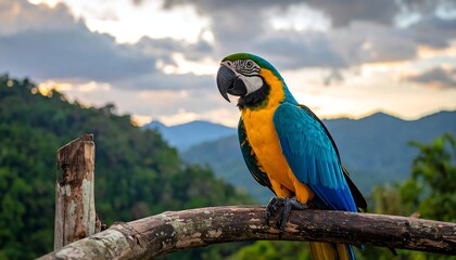 A colorful macaw perched on a branch, overlooking a scenic mountainous landscape