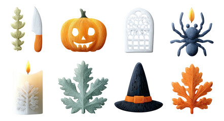 Colorful Halloween Illustrations of Pumpkin, Spider, Candle, and More Elements