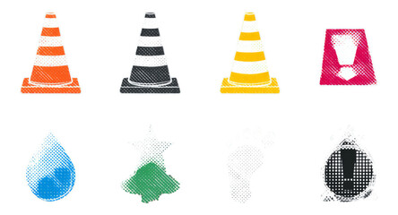 Colorful Traffic Cones and Symbols in Transparent Style with Isolated Background