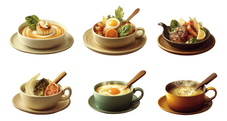 Variety of Delicious Bowls of Soup and Salad with Vibrant Ingredients Displayed