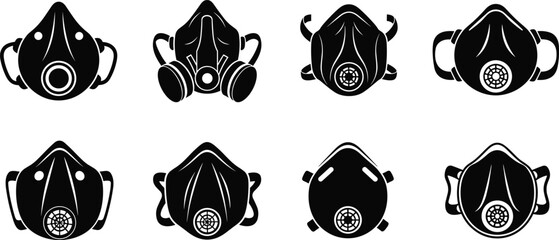 Protective respirator mask, safety face mask icon set, industrial and medical protection, black vector illustration, dust, gas, toxic air filter