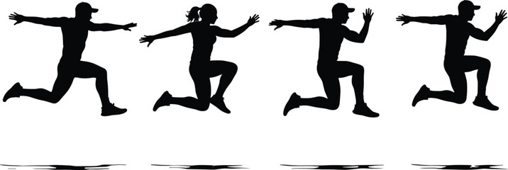  Silhouette illustration of athletes jumping in motion, sports training, fitness activity, exercise, healthy lifestyle, outdoor workout, physical strength, and movement concept vector