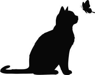  Silhouette illustration of cat looking at butterfly, representing curiosity, nature, pets, wildlife interaction, peaceful moment, animal behavior, and minimalist vector art