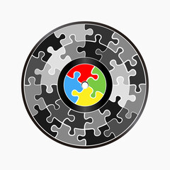 Long playing vinyl record made of puzzle pieces. Vector isolated on white background.