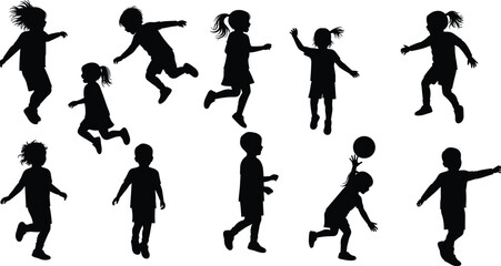  Silhouette illustration of happy children playing, running, jumping, and having fun outdoors, representing childhood joy, activity, friendship, and healthy lifestyle concept